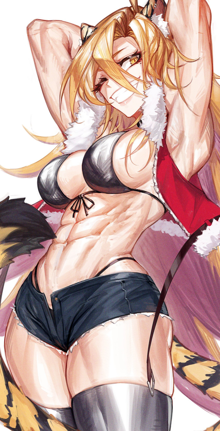 1girl abs absurdres animal_ears armpits bikini black_bikini blonde_hair breasts coat cropped_jacket denim denim_shorts highres indie_virtual_youtuber jin_grey_paladin large_breasts long_hair looking_at_viewer messy_hair midriff muscular muscular_female navel one_eye_closed red_coat short_shorts shorts smile solo swimsuit tail tala_tora teeth thighhighs tiger_ears tiger_girl tiger_tail very_long_hair