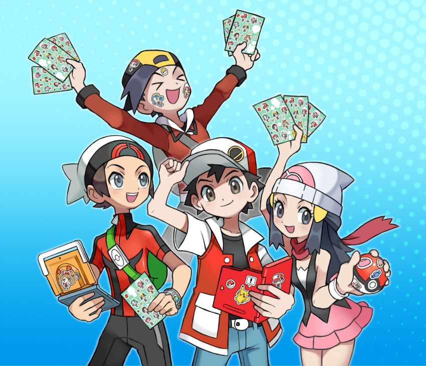 1girl 3boys backpack bag beanie belt belt_buckle black_shirt brendan_(pokemon) buckle commentary dawn_(pokemon) ethan_(pokemon) floating_scarf green_bag hat highres holding holding_poke_ball hyo_oppa jacket multiple_boys open_clothes open_jacket pants pink_skirt poke_ball pokemon pokemon_(game) pokemon_dppt pokemon_hgss pokemon_oras pokemon_rgby red_(pokemon) red_jacket scarf shirt short_sleeves skirt sleeveless sleeveless_shirt sticker white_headwear zipper_pull_tab