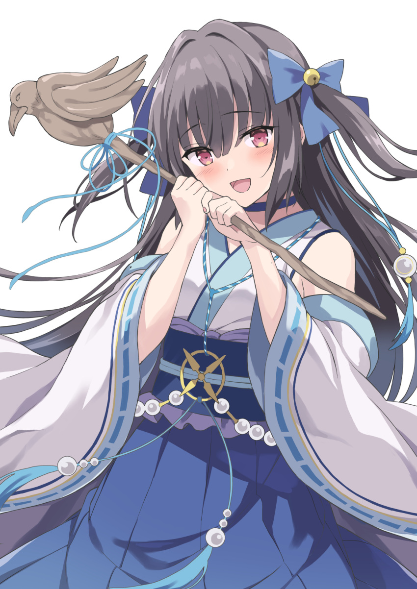 1girl :d bare_shoulders bell black_hair blue_bow blue_choker blue_hakama bow choker detached_sleeves hair_bell hair_between_eyes hair_bow hair_intakes hair_ornament hakama hakama_skirt hands_up highres holding japanese_clothes jingle_bell kimono long_sleeves looking_at_viewer obi rasahan red_eyes revision ribbon-trimmed_sleeves ribbon_trim sash sennen_sensou_aigis simple_background skirt sleeveless sleeveless_kimono smile solo tsukiko_(sennen_sensou_aigis) two_side_up white_background white_kimono wide_sleeves