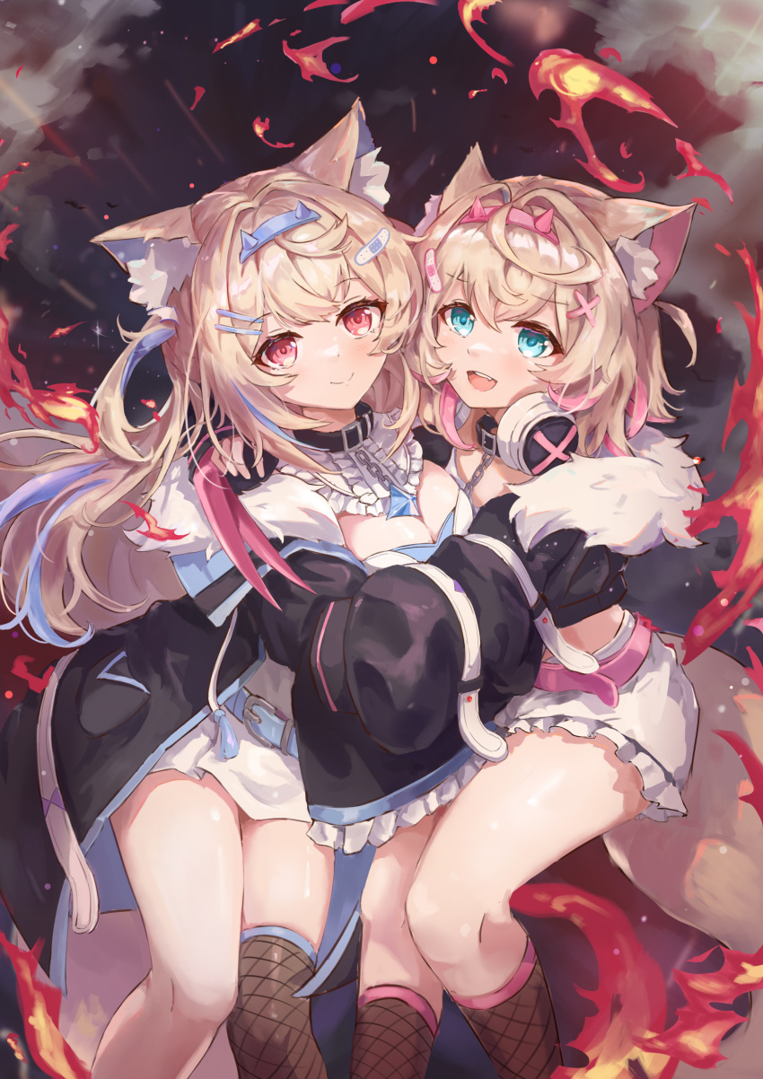 1girl 2girls absolute_mya absurdres animal_collar animal_ear_fluff animal_ears black_collar black_jacket blonde_hair blue_eyes blue_hair breasts collar cropped_jacket dog_ears dog_girl dog_tail fur-trimmed_jacket fur_trim fuwawa_abyssgard hair_ornament headphones headphones_around_neck highres hololive hololive_english hug jacket large_breasts long_hair mococo_abyssgard multicolored_hair multiple_girls open_mouth pink_eyes pink_hair short_hair siblings sisters spiked_collar spikes streaked_hair tail twins two_side_up virtual_youtuber