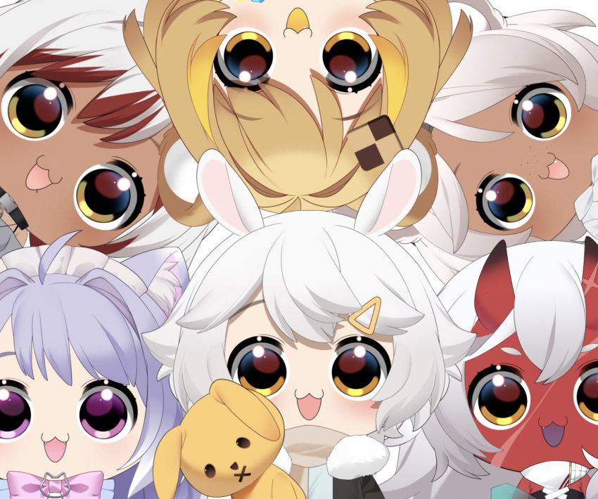 ahoge akumi_(yoclesh) animal_ears bow bowtie character_request chibi choker colored_skin dark-skinned_female dark_skin english_commentary fang fangs grey_hair honey_kub honeykub horns indie_virtual_youtuber looking_at_viewer multiple_girls oni oni_horns open_mouth purple_eyes purple_hair rabbit_ears red_skin sansin_jin savii_(vtuber) scar scar_on_face stuffed_animal stuffed_rabbit stuffed_toy vyugen yellow_eyes