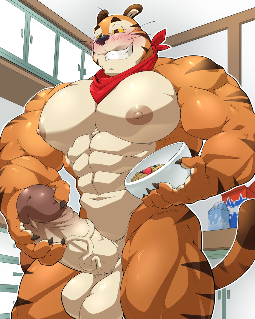 4_fingers abs absurd_res anthro balls blush blush_lines bowl cereal cereal_mascot claws container erection felid fingers food frosted_flakes genitals grin hi_res kellogg's maldu male mammal mascot masturbation muscular muscular_male nipples nude nude_male pantherine penis smile solo tiger tony_the_tiger vein veiny_penis whiskers