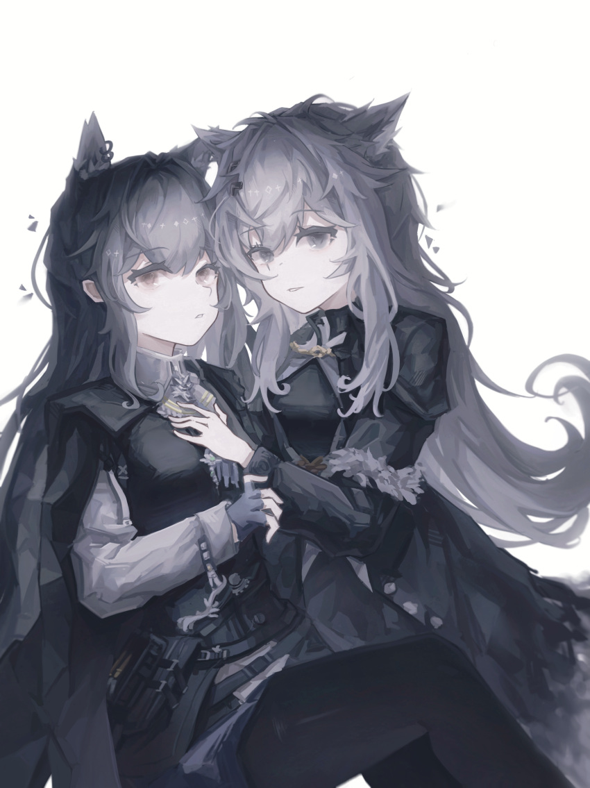 2girls absurdres animal_ear_fluff animal_ears arknights black_hair black_pantyhose black_vest blue_shorts brown_eyes earrings eyebrows_hidden_by_hair fingerless_gloves gloves grey_eyes grey_hair hair_between_eyes hair_ornament hairclip highres huang_sha jewelry lappland_(arknights) long_hair long_sleeves looking_at_viewer multiple_girls open_mouth pantyhose scar scar_across_eye shirt shorts texas_(arknights) texas_the_omertosa_(arknights) vest white_shirt wolf_ears wolf_girl