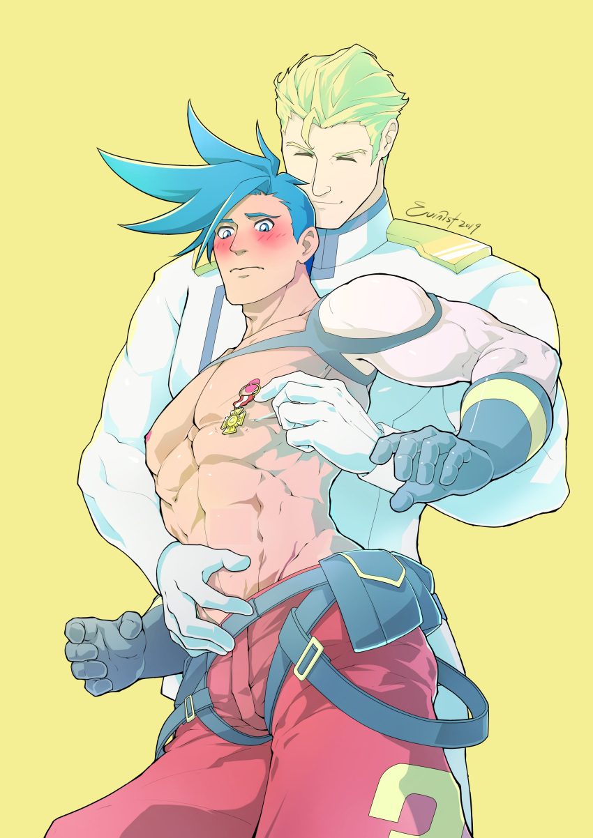 2boys abs absurdres artist_name bara belt black_belt black_gloves blonde_hair blue_hair blush closed_mouth evinist galo_thymos gloves groping highres jacket kray_foresight large_pectorals male_focus multiple_boys muscular muscular_male nipple_piercing nipples pants pectorals piercing promare red_pants short_hair simple_background single_sleeve smile white_gloves white_jacket white_pants yaoi yellow_background