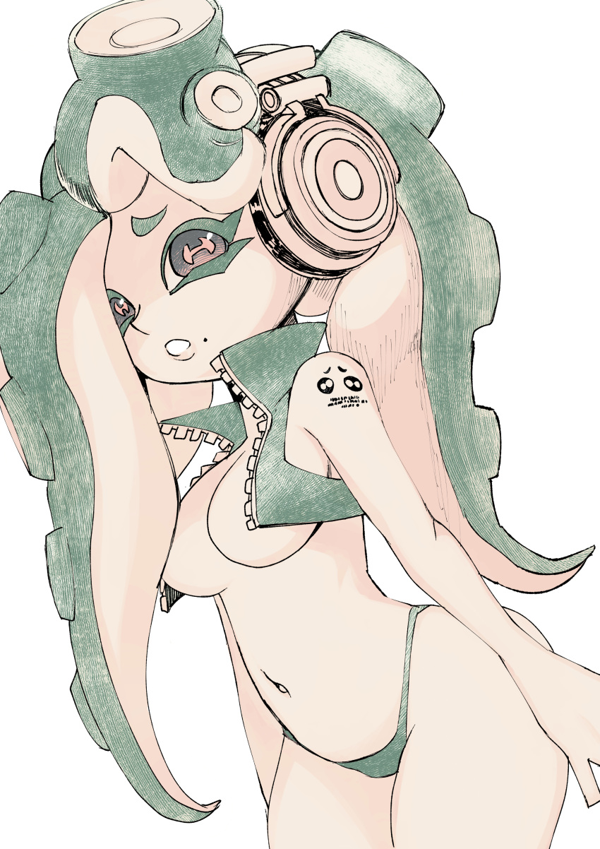 1girl absurdres arms_at_sides breasts cephalopod_eyes commentary_request cowboy_shot cropped_vest dutch_angle green_hair green_panties green_vest headphones highres long_hair looking_at_viewer marina_(splatoon) medium_breasts mole mole_under_mouth monochrome muramasa_mikado navel no_pants no_shirt open_clothes open_mouth open_vest panties partial_commentary partially_colored raised_eyebrows shoulder_tattoo simple_background sketch solo splatoon_(series) splatoon_2 standing stomach suction_cups tattoo tentacle_hair tentacles thighs underwear unfinished vest white_background zipper