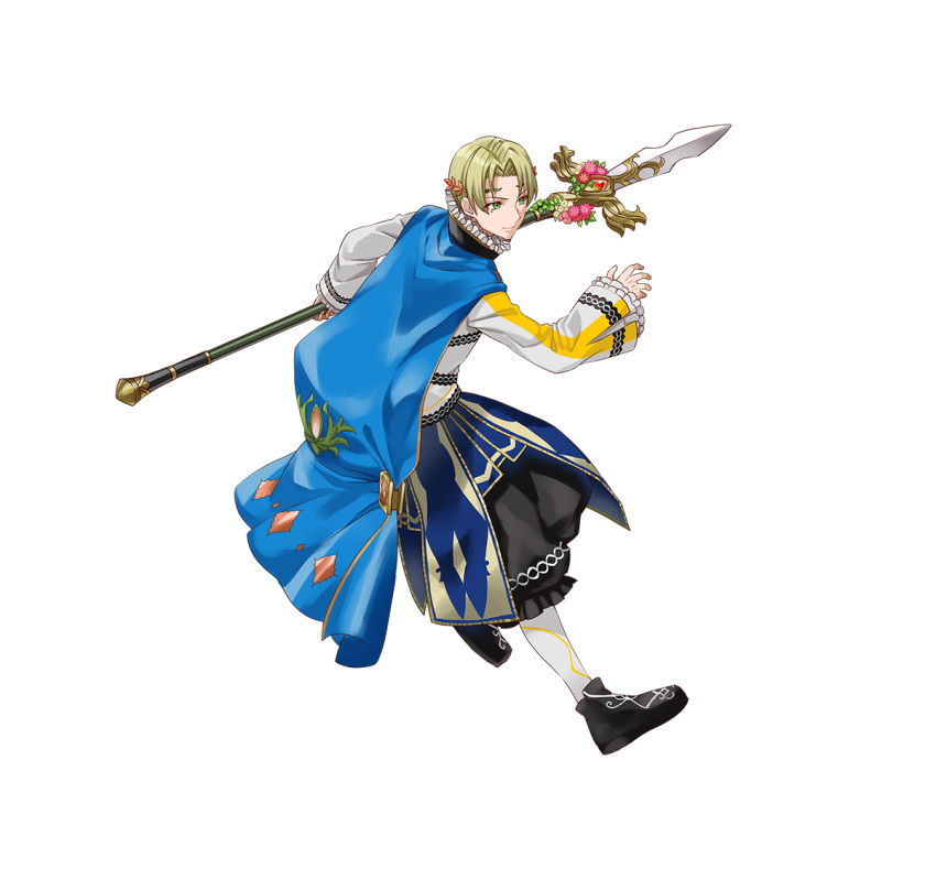 1boy alfred_(fire_emblem) ascot blonde_hair cape fire_emblem fire_emblem_engage fire_emblem_heroes full_body green_eyes high_collar holding holding_weapon long_sleeves official_art polearm short_hair solo spear weapon white_background