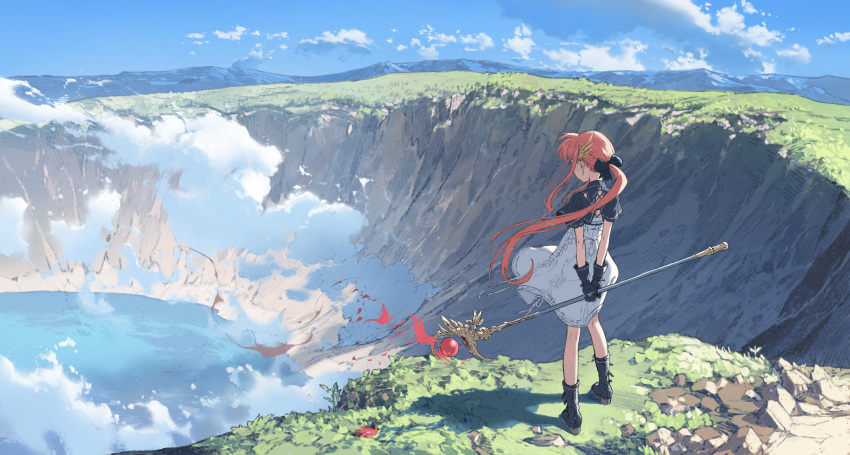 1girl absurdres arms_behind_back black_footwear black_gloves bow cloud dress from_behind gloves grass hair_bow hair_ornament highres hirooka_masaki holding holding_wand landscape long_hair mountainous_horizon nature original outdoors pink_hair ponytail rock scenery sidelocks sky solo standing wand water wide_shot