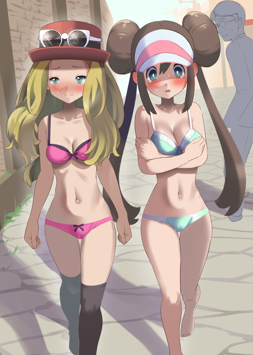 1boy 2girls absurdres barefoot blonde_hair blush bra breasts brown_hair cleavage closed_mouth collarbone commentary_request commission day double_bun eyelashes eyewear_on_headwear green_bra green_eyes green_panties hair_between_eyes hair_bun half-closed_eyes hat highres knees long_hair multiple_girls navel open_mouth outdoors panties pink_bra pink_panties pixiv_commission pokemon pokemon_(game) pokemon_bw2 pokemon_xy red_headwear rosa_(pokemon) serena_(pokemon) sidelocks standing sunglasses sweat thighhighs twintails uhyoko underwear visor_cap white-framed_eyewear white_headwear