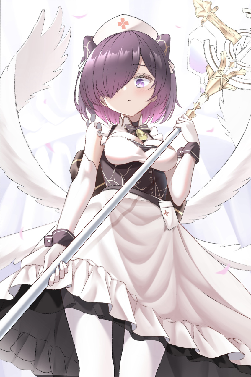 1girl :c absurdres azur_lane bell black_wrist_cuffs breasts cien_(shikanokuni) commentary cone_hair_bun dress elbow_gloves feathered_wings frilled_dress frills from_below gloves hair_bun hair_over_one_eye hat highres holding holding_staff intravenous_drip jervis_(azur_lane) light_blush looking_at_viewer medium_breasts neck_bell nurse_cap pantyhose purple_eyes purple_hair short_hair solo staff white_dress white_gloves white_pantyhose white_wings wings wrist_cuffs
