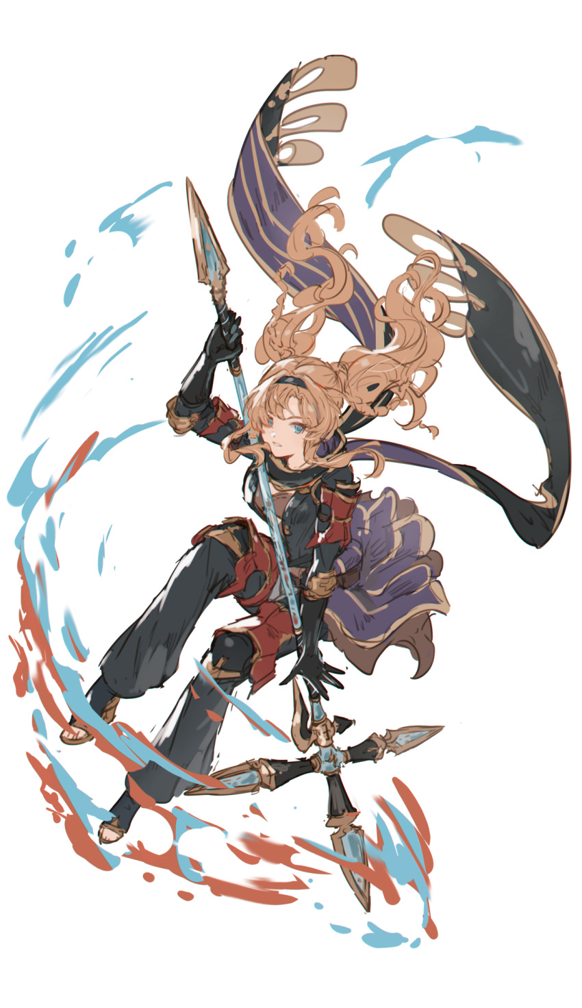 1girl arm_guards black_gloves black_hairband black_pants blonde_hair blue_eyes fire gloves granblue_fantasy hairband highres holding holding_polearm holding_weapon long_scarf pants polearm scarf shimatani_azu solo spear toeless_footwear twintails weapon zeta_(granblue_fantasy)