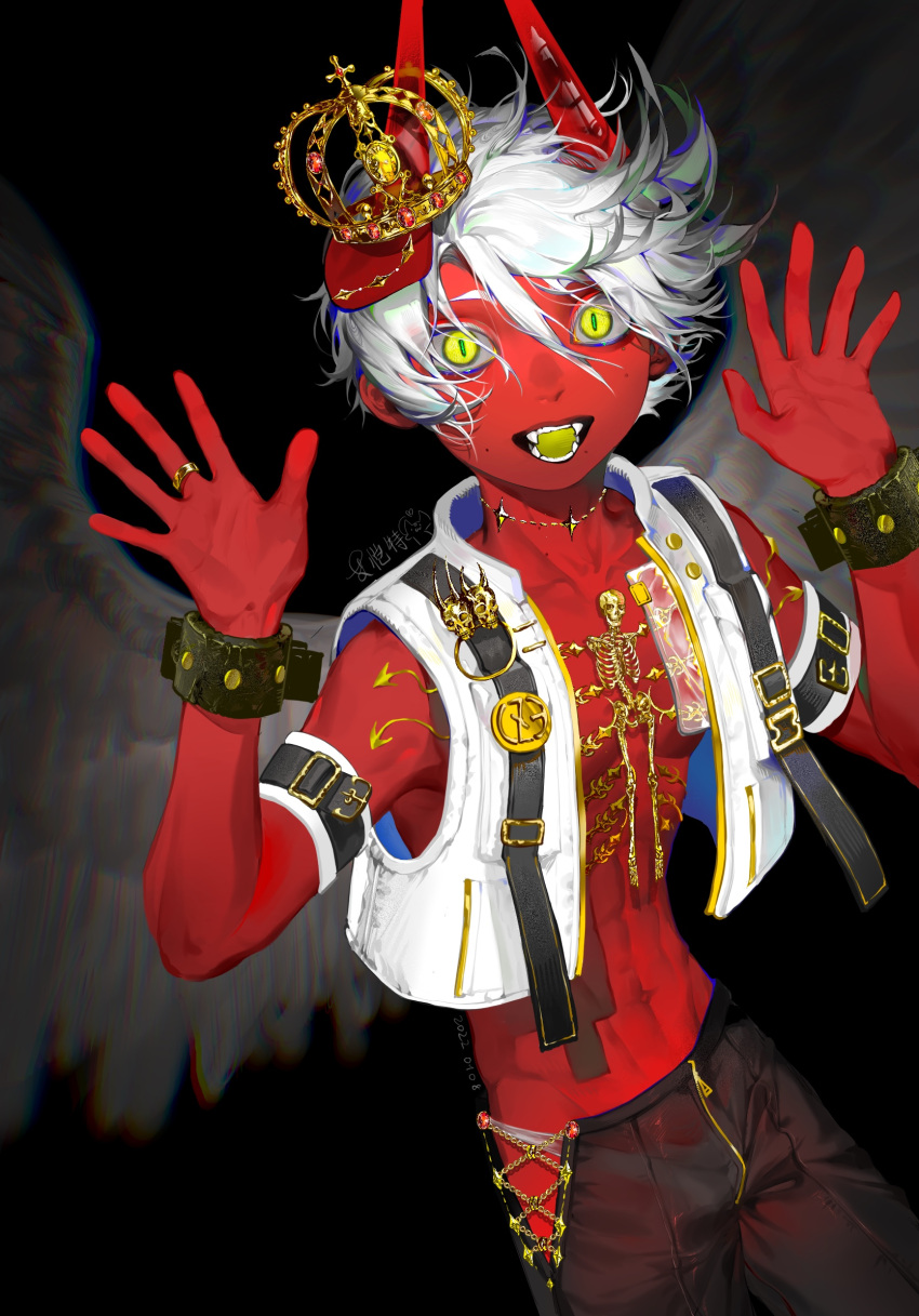 1boy abs aikaite arm_belt black_background black_pants blurry bulge chain colored_skin colored_tongue cowboy_shot crown cuffs dated demon_boy demon_horns depth_of_field eyeliner eyeshadow fangs feathered_wings gem grey_hair hair_between_eyes hands_up highres horns jewelry looking_at_viewer makeup mini_crown mole mole_under_eye mole_under_mouth navel necklace open_clothes open_mouth open_vest original panties pants red_gemstone red_skin red_theme ring see-through short_hair signature simple_background skeleton skull_ornament sleeveless slit_pupils solo toned toned_male underwear vest white_hair white_panties white_vest wings yellow_eyes yellow_tongue