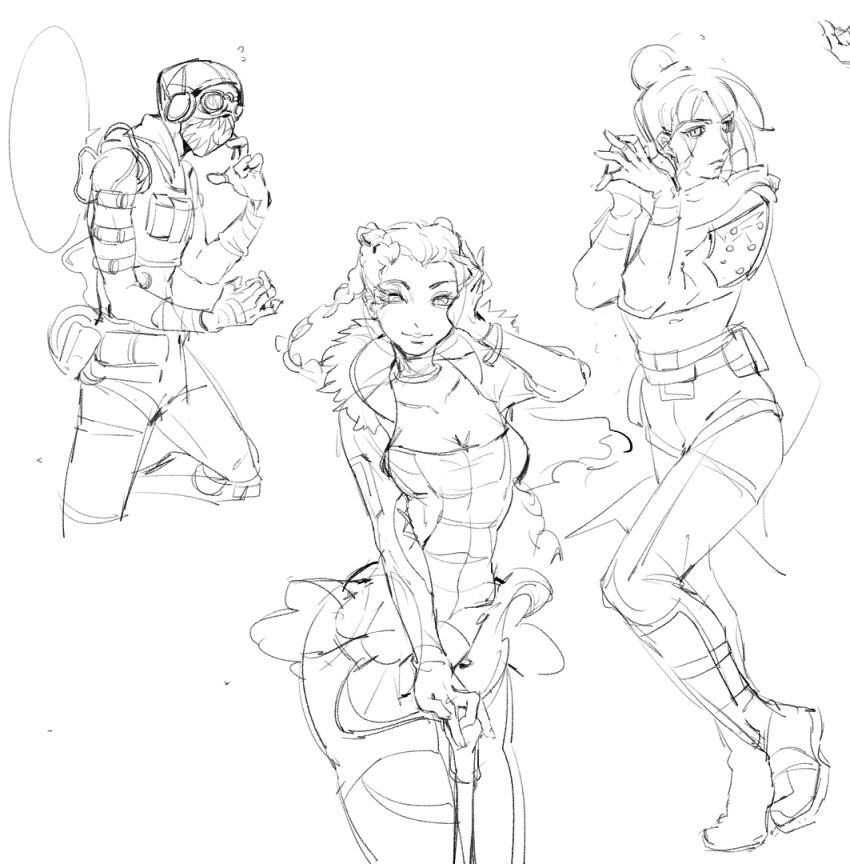 1boy 2girls animification anmiboer apex_legends belt bodysuit boots braid breasts chinese_commentary cleavage collarbone floating_hair goggles greyscale hair_bun light_frown loba_(apex_legends) long_hair looking_at_viewer mask medium_breasts miniskirt monochrome mouth_mask multiple_girls octane_(apex_legends) open_hand own_hands_together pants scarf single_hair_bun sketch skirt smile twin_braids wraith_(apex_legends)