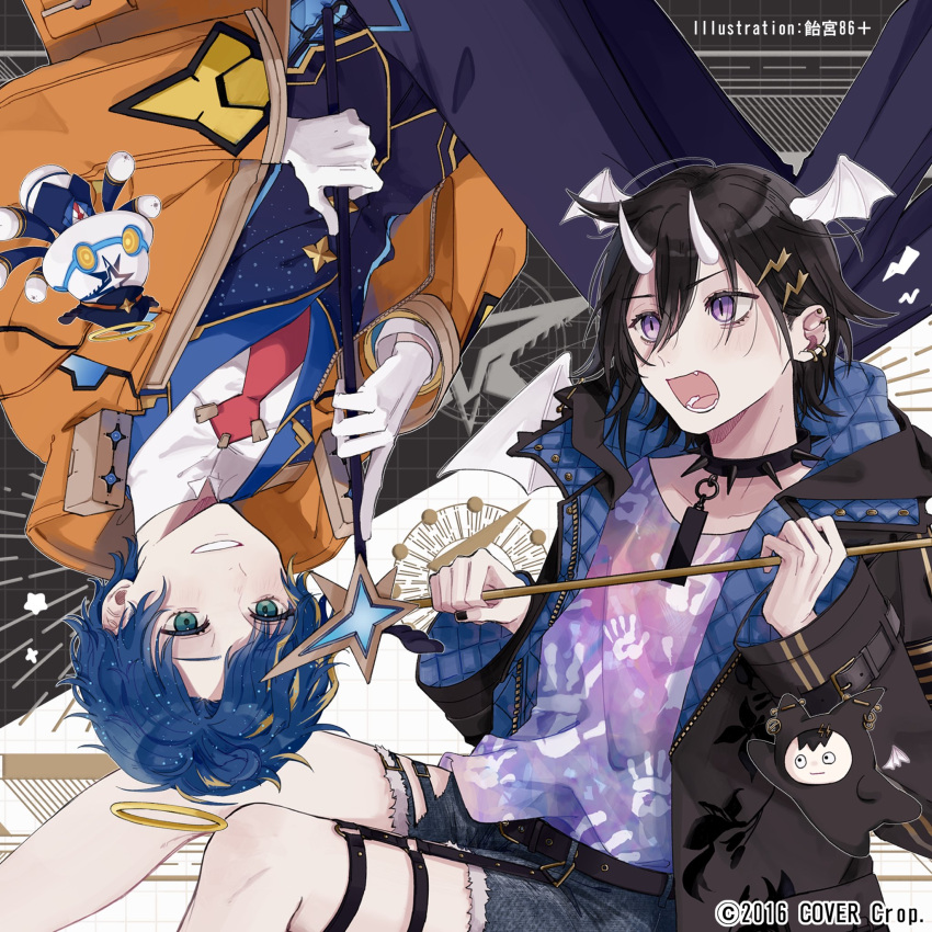 2boys aqua_eyes astel_leda belt black_background black_belt black_collar black_hair black_jacket black_nails black_pants blonde_hair blue_hair collar copyright creature demon_wings denim denim_shorts devil_janai_mon_(vocaloid) fang feet_out_of_frame gloves hair_between_eyes hair_ornament hairclip halo handprint head_wings highres holding holding_wand holostars hood hood_down hooded_jacket horns jacket kanade_izuru lightning_bolt_hair_ornament lightning_bolt_symbol looking_at_another male_focus multicolored_hair multiple_boys myuhuaki necktie official_art oni_horns open_clothes open_jacket open_mouth orange_jacket padded_jacket pants parted_lips poruneu purple_eyes purple_shirt red_necktie rotational_symmetry shirt shirt_tucked_in short_hair shorts slit_pupils smile spiked_collar spikes star_wand streaked_hair swept_bangs teeth thigh_strap torn_clothes torn_shorts two-sided_fabric two-sided_jacket two-tone_background virtual_youtuber wand white_background white_gloves white_shirt white_wings wings zipper