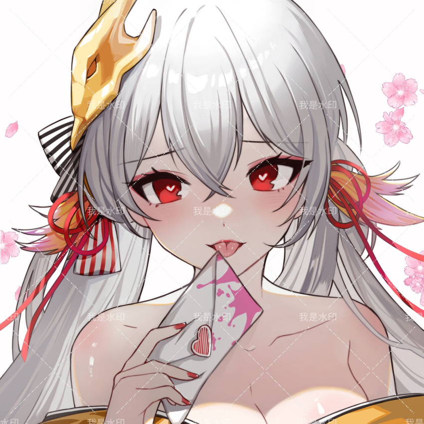 1girl alternate_hair_color azur_lane bare_shoulders breasts chinese_commentary cleavage collarbone commentary_request crossed_bangs flower hair_ornament heart heart-shaped_pupils highres holding holding_letter ji_yue letter looking_at_viewer love_letter nail_polish red_eyes red_nails solo symbol-shaped_pupils taihou_(azur_lane) tongue tongue_out twintails white_hair