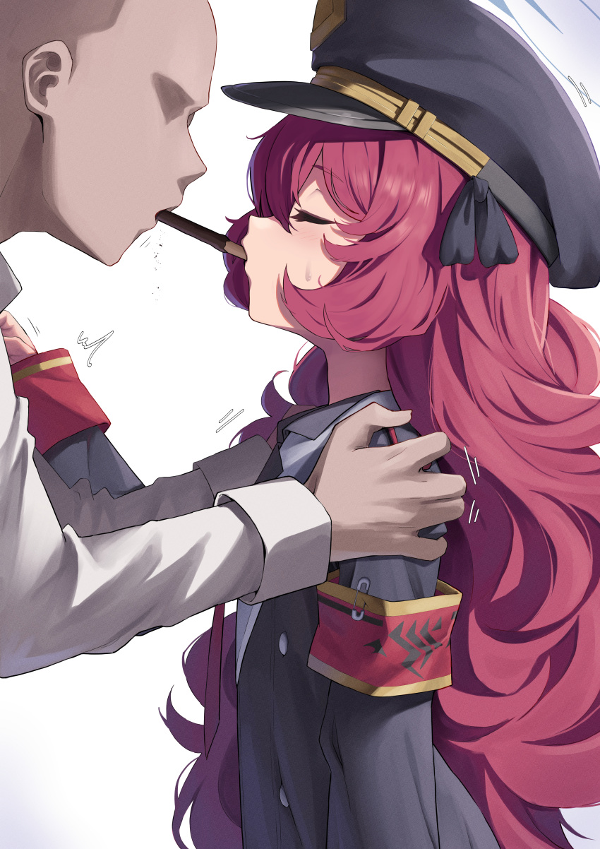 1boy 1girl absurdres black_headwear black_jacket blue_archive blue_halo closed_eyes faceless faceless_male food gradient_background halo hand_on_another's_shoulder hat hetero highres iroha_(blue_archive) jacket karadborg long_hair long_sleeves pocky pocky_kiss profile red_hair white_background