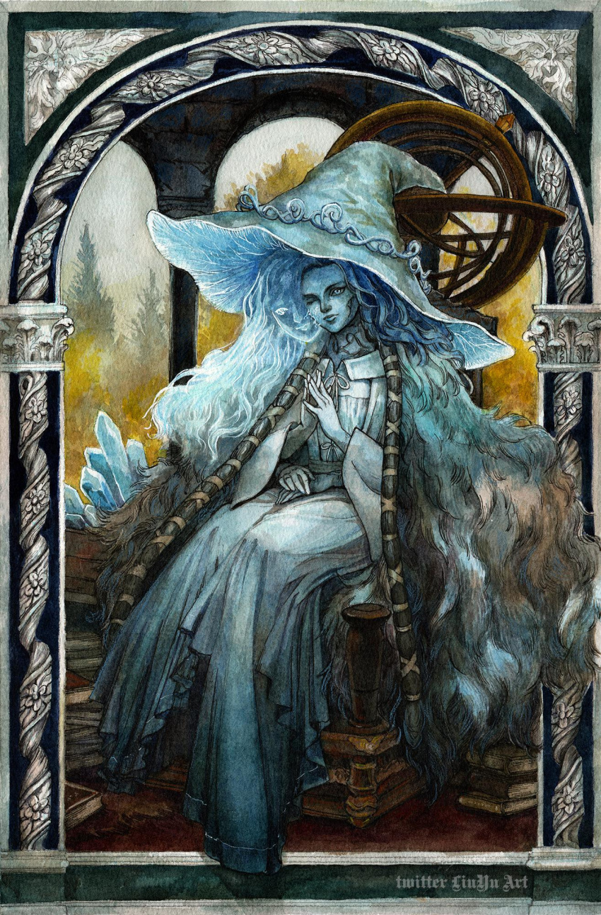 1girl blue_dress blue_eyes blue_hair blue_headwear blue_robe blue_skin book book_stack cloak colored_skin cracked_skin crystal dress elden_ring extra_arms extra_faces extra_hands eyes_visible_through_headwear fur_cloak hands_on_lap hat highres large_hat liuyuart looking_at_viewer medium_hair observatory on_chair one_eye_closed ornate_border ranni_the_witch robe sitting steepled_fingers tree wide_brim witch witch_hat