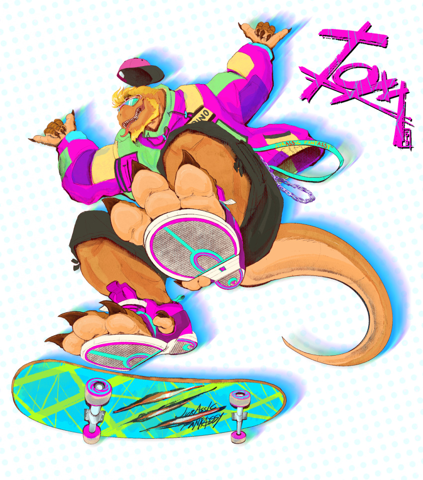 2023 3_toes 5_fingers action_pose anthro baseball_cap black_bottomwear black_clothing bottomwear brown_body clothing digital_media_(artwork) dinosaur eyewear feet fingers hat headgear headwear hi_res humanoid_hands lanyard low-angle_view male multicolored_hoodie open_toe_sneakers pinkgirlpen pose reptile scalie sharp_teeth simple_background skateboard solo sunglasses tapering_tongue teeth theropod toes tyrannosaurid tyrannosaurus tyrannosaurus_rex wallet_chain