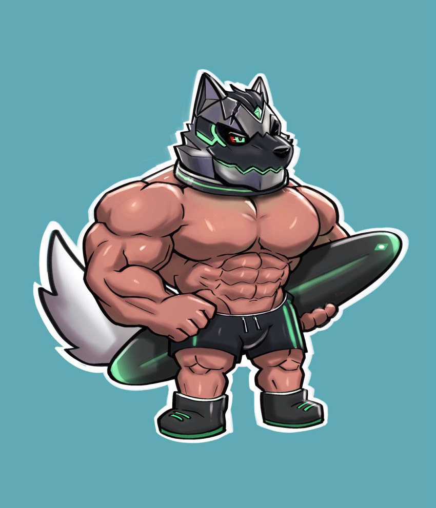 abs animal_head anthro bottomwear canid canine canis clothing cosplay footwear for_a_head green_eyes hairless hi_res klaowoy lifewonders live_a_hero male mammal monomasa muscular muscular_male pecs red_sclera shoes shorts solo surfboard tanned_skin wolf