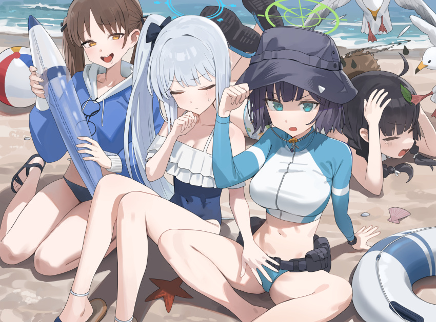4girls ball beach beachball bikini bikini_bottom_only black_hair blue_archive blue_bikini blue_eyes blue_halo blue_hoodie blue_one-piece_swimsuit blue_sweater bow braid breasts brown_hair bucket_hat casual_one-piece_swimsuit covered_navel cropped_hoodie cropped_sweater cropped_torso eyewear_hang eyewear_on_clothing eyewear_removed foot_out_of_frame frilled_one-piece_swimsuit frills glasses green_halo grey_halo hair_bow halo hand_on_another's_crotch hat highres hood hood_(james_x) hoodie leaf leaf_on_head legs long_hair long_sleeves midriff miyako_(blue_archive) miyako_(swimsuit)_(blue_archive) miyu_(blue_archive) miyu_(swimsuit)_(blue_archive) moe_(blue_archive) moe_(swimsuit)_(blue_archive) multiple_girls navel off-shoulder_one-piece_swimsuit off_shoulder official_alternate_costume one-piece_swimsuit open_mouth ponytail purple_hair rabbit_platoon_(blue_archive) round_eyewear saki_(blue_archive) saki_(swimsuit)_(blue_archive) sandals short_hair side_ponytail sidelocks small_breasts smile starfish stomach straw_hat sweater swimsuit thinking toes tube twin_braids two-tone_one-piece_swimsuit white_hair yellow_eyes