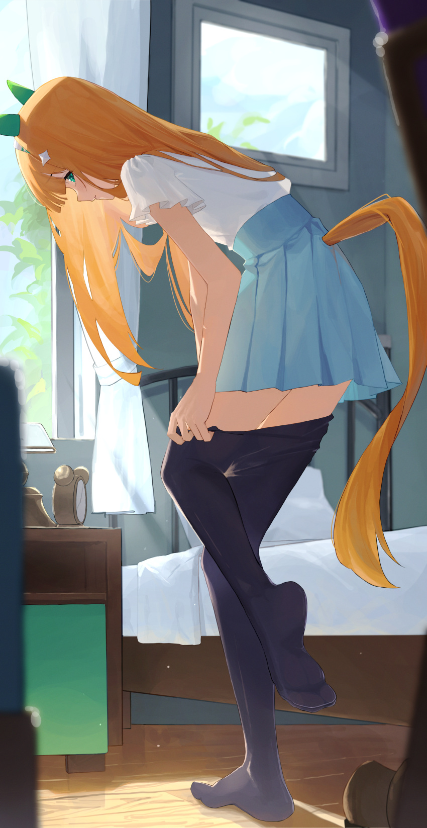 1girl absurdres alarm_clock animal_ears bed bedroom black_pantyhose blue_skirt blush clock closed_mouth curtains dressing full_body green_eyes hairband highres horse_ears horse_girl horse_tail indoors long_hair looking_at_viewer looking_back nightstand ningen_gokko no_shoes orange_hair pantyhose pillow shirt shirt_tucked_in short_sleeves silence_suzuka_(umamusume) skirt solo standing standing_on_one_leg sunlight tail tail_through_clothes umamusume white_shirt window