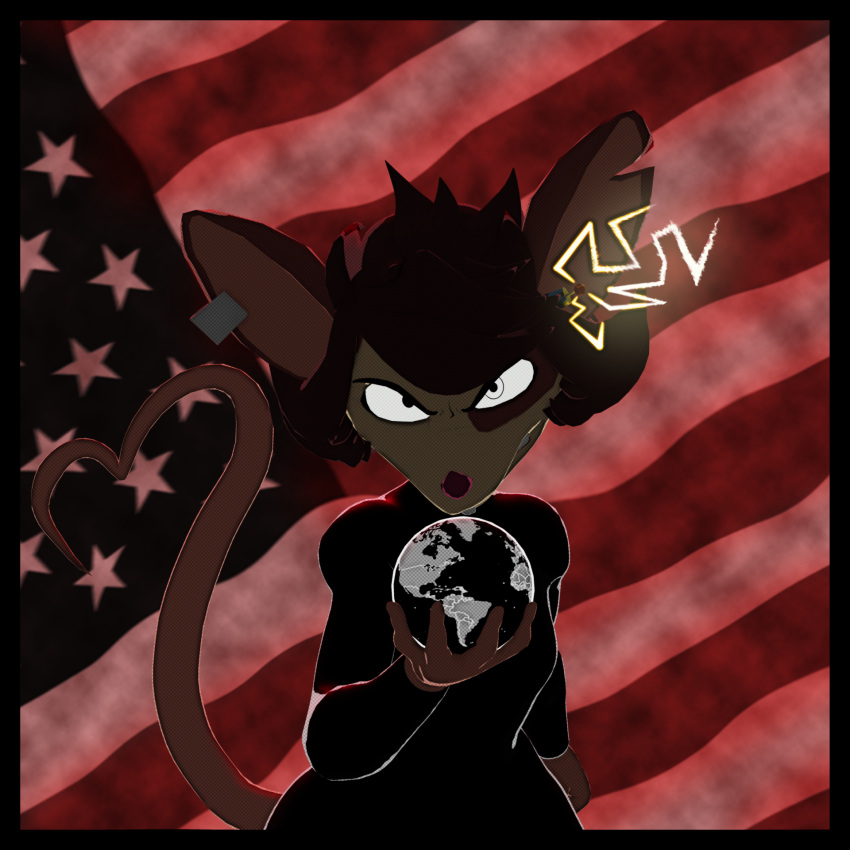 1:1 2023 3d_(artwork) angry animaniacs_(2020) anthro biped black_bodysuit black_clothing brown_hair brown_markings buckteeth clothed clothing digital_media_(artwork) ear_tag electricity eye_markings facial_markings female front_view globe hair half-length_portrait head_markings hi_res julia_brain mammal markings mouse murid murine notched_ear patch_(marking) pinky_and_the_brain portrait rodent short_hair solo standing stars_and_stripes teeth united_states_of_america warfaremachine warner_brothers white_body