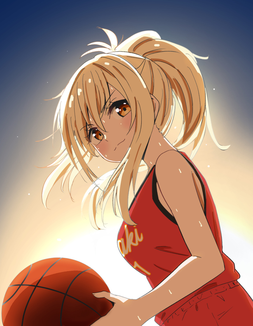 1girl ball basketball basketball_jersey basketball_uniform blonde_hair closed_mouth highres holding holding_ball long_hair looking_at_viewer love_live! love_live!_nijigasaki_high_school_idol_club miyashita_ai ponytail red_shirt shirt sleeveless sleeveless_shirt smile solo sportswear sweat tera_dash upper_body yellow_eyes