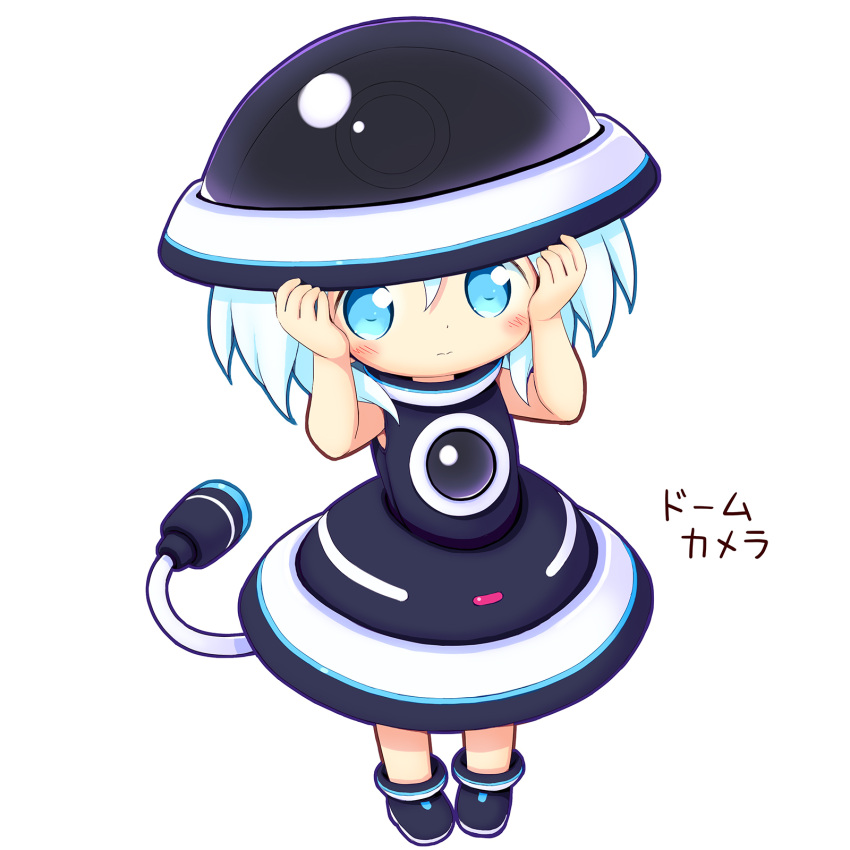 1girl aikei_ake bare_arms black_dress black_footwear black_headwear blue_eyes chibi dress full_body hands_on_headwear hands_up hat highres original personification shoes simple_background sleeveless sleeveless_dress solo standing translation_request white_background white_hair