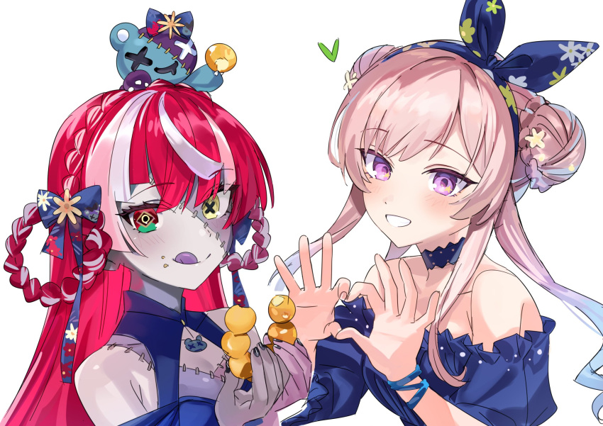 2girls :q airani_iofifteen bare_shoulders commentary_request double_bun dress hair_bun heart heart_hands heterochromia highres hololive hololive_indonesia kureiji_ollie looking_at_viewer mismatched_pupils multicolored_hair multiple_girls off-shoulder_dress off_shoulder patchwork_skin portrait purple_eyes red_hair simple_background smile star_(symbol) star_in_eye streaked_hair symbol_in_eye tongue tongue_out two-tone_hair udin_(kureiji_ollie) virtual_youtuber white_background yomosaka