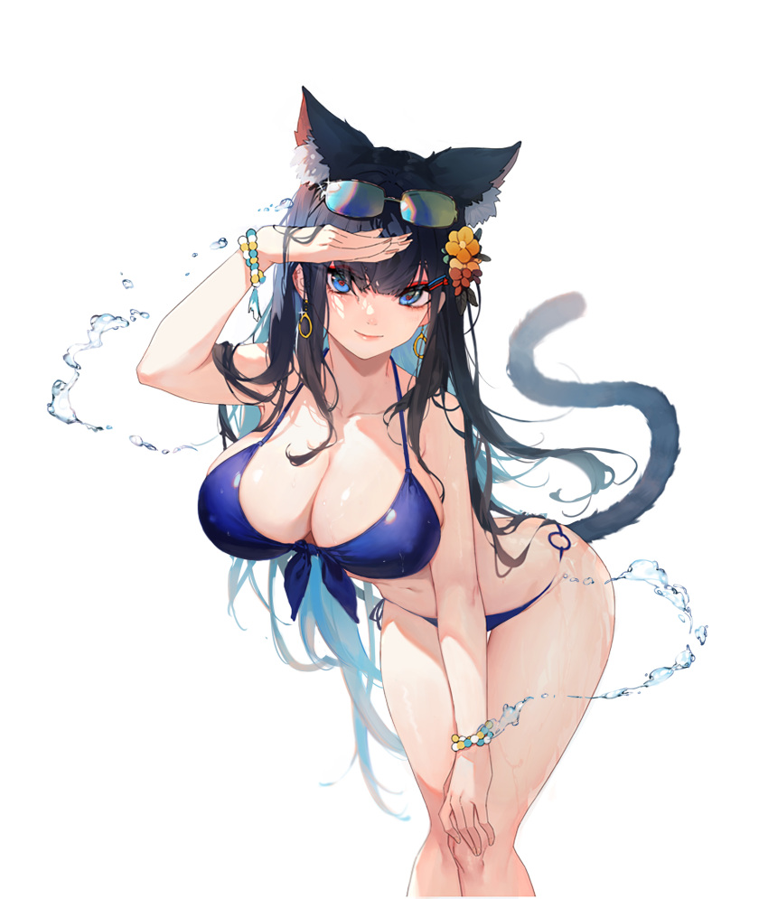 1girl absurdres animal_ear_fluff animal_ears arm_up bare_shoulders bead_bracelet beads bikini black_hair blue_bikini blue_eyes bracelet breasts cat_ears cat_girl cat_tail cleavage closed_mouth collarbone covering_own_eyes de_yi earrings extra_ears eyewear_on_head feet_out_of_frame flower front-tie_bikini_top front-tie_top hair_flower hair_ornament halterneck heart heart-shaped_pupils highres jewelry large_breasts leaning_forward light_smile long_hair looking_at_viewer navel original red_pupils side-tie_bikini_bottom sidelocks simple_background solo standing sunglasses swimsuit symbol-shaped_pupils tail tail_raised thighs very_long_hair water white_background