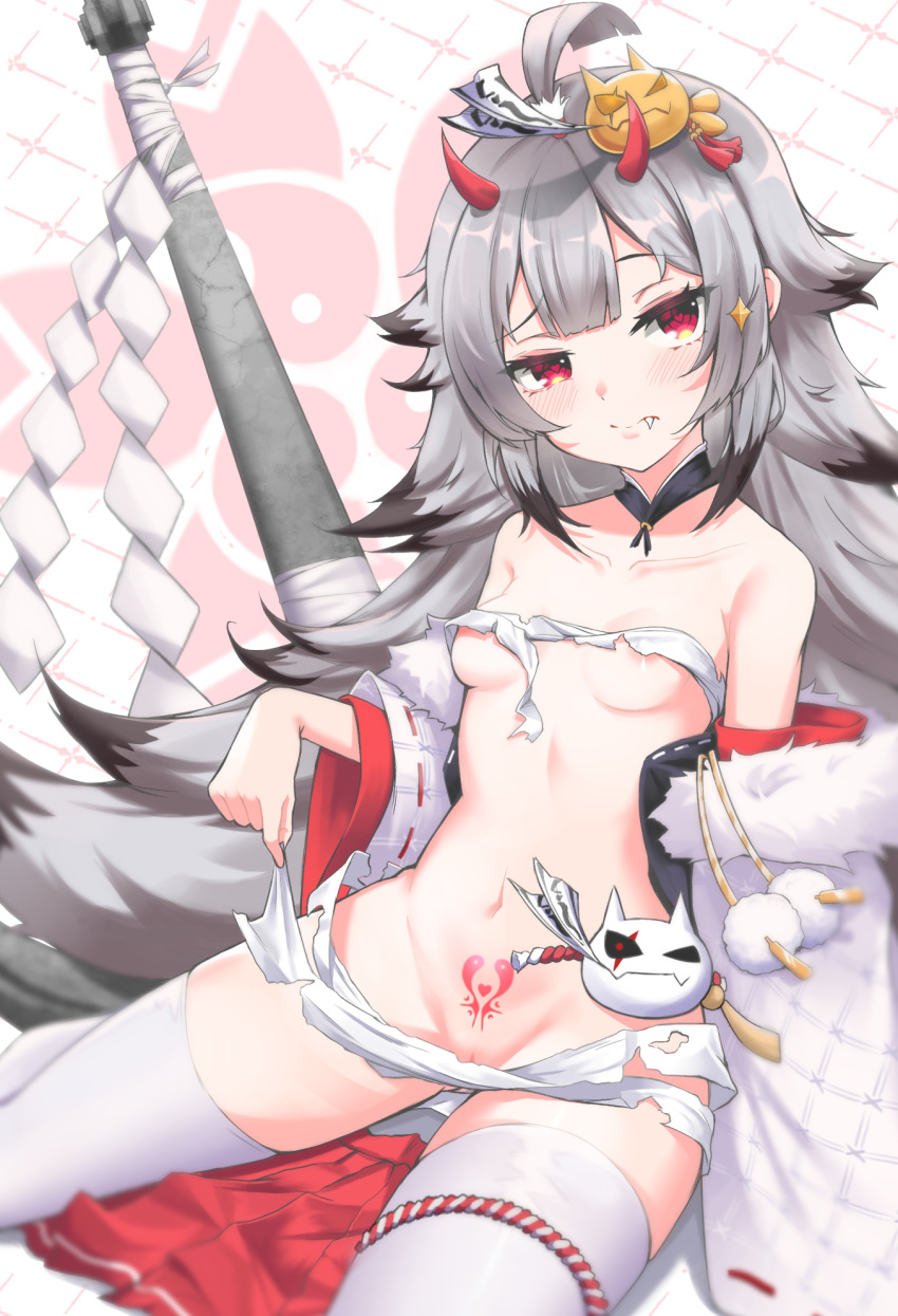 1girl ahoge azur_lane bare_shoulders black_hair blush breasts closed_mouth coat collarbone fang fur-trimmed_coat fur_trim gradient_hair grey_hair hair_ornament heart heart-shaped_pupils hibiki_(azur_lane) highres horns long_hair looking_at_viewer multicolored_hair navel off_shoulder open_clothes open_coat otakummm pleated_skirt pubic_tattoo pussy pussy_peek red_hair red_horns red_skirt sakura_empire_(emblem) sarashi skirt small_breasts solo stomach symbol-shaped_pupils tattoo thighhighs torn_clothes very_long_hair white_coat white_thighhighs