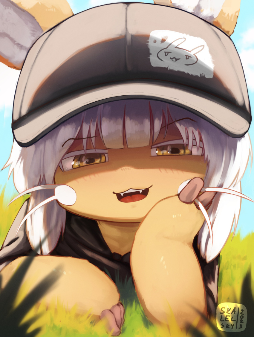 absurd_res anthro clothing digital_media_(artwork) fangs female fur hat headgear headwear hi_res laying_on_grass light looking_at_viewer made_in_abyss nanachi skalelsky smug_expression solo sunlight supporting_head tan_body tan_fur teeth yellow_eyes