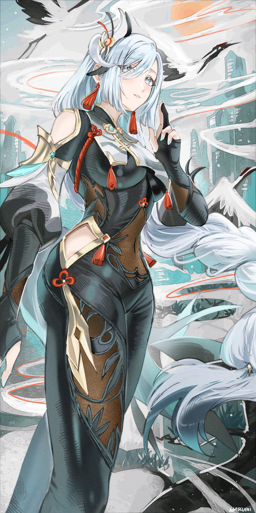 1girl arm_at_side bird black_bodysuit black_gloves bodysuit braid braided_ponytail breast_curtain breasts clothing_cutout covered_navel earrings feet_out_of_frame fingernails genshin_impact gloves grey_eyes grey_hair hair_ornament hair_over_one_eye hand_up haruri highres impossible_bodysuit impossible_clothes jewelry large_breasts light_smile long_hair looking_at_viewer low-tied_long_hair nail_polish navel outdoors parted_lips partially_fingerless_gloves puffy_sleeves see-through shenhe_(genshin_impact) shoulder_cutout skin_tight solo_focus standing stomach tassel tassel_earrings thigh_cutout very_long_hair