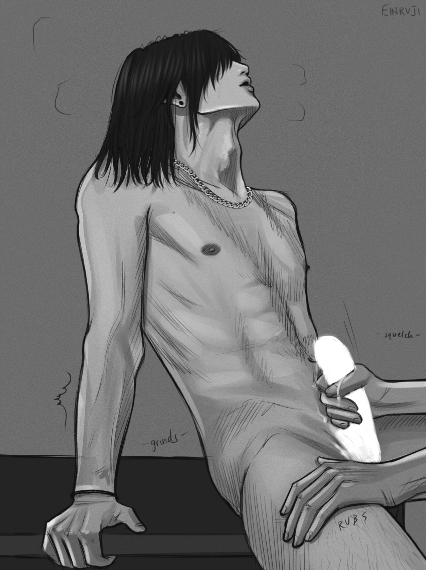 1boy abs artist_name black_hair censored chain_necklace chainsaw_man earrings einruji english_text greyscale hair_over_eyes hand_on_table hayakawa_aki heavy_breathing highres jewelry male_focus male_masturbation masturbation medium_hair monochrome necklace nipples nude on_table open_mouth parted_lips simple_background sitting sitting_on_table solo_focus stud_earrings table