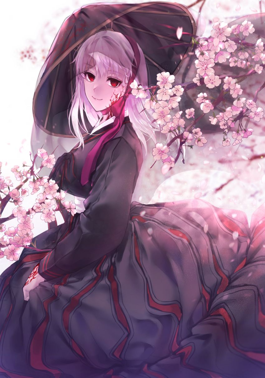 1girl absurdres alternate_costume black_dress black_headwear body_markings breasts corruption dark_persona dark_sakura dress fate/stay_night fate_(series) flower hair_ribbon hanbok heaven's_feel highres korean_clothes large_breasts light_purple_hair long_hair long_sleeves looking_at_viewer matou_sakura muneomon_(takomon) petals purple_hair red_eyes red_ribbon ribbon smile solo striped striped_dress tree vertical-striped_dress vertical_stripes white_hair