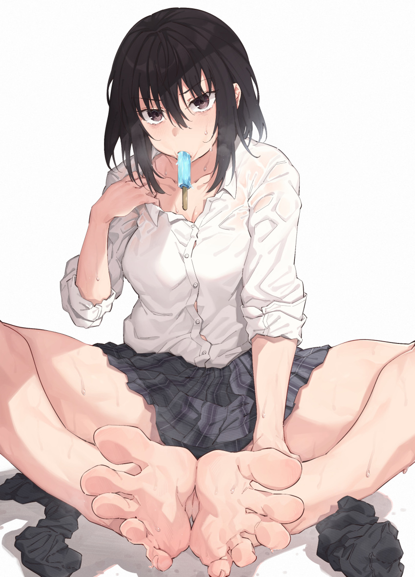 1girl absurdres barefoot batatata77 black_hair breasts cleavage food food_in_mouth greek_toe highres legwear_removed long_hair looking_at_viewer original pleated_skirt popsicle purple_eyes school_uniform simple_background skirt solo spread_legs sweat toes white_background