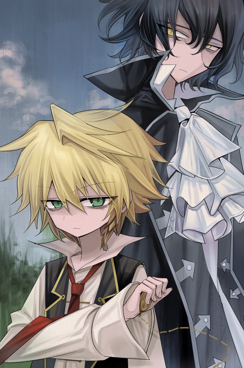 2boys absurdres ascot black_coat black_hair blonde_hair blue_sky cloud coat expressionless gilbert_nightray green_eyes highres holding meyou_0319 multiple_boys necktie oz_vessalius pandora_hearts red_necktie size_difference sky unamused upper_body yellow_eyes