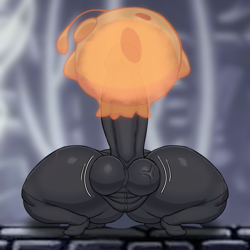 1:1 2023 anthro arthropod axoarts balls big_balls big_penis champion_(character) digital_media_(artwork) fan_character front_view genitals goo_creature hi_res hollow_knight huge_penis infected_(species) insect lying male motion_lines on_back orange_body penis solo team_cherry translucent translucent_body vein veiny_balls vessel_(species)