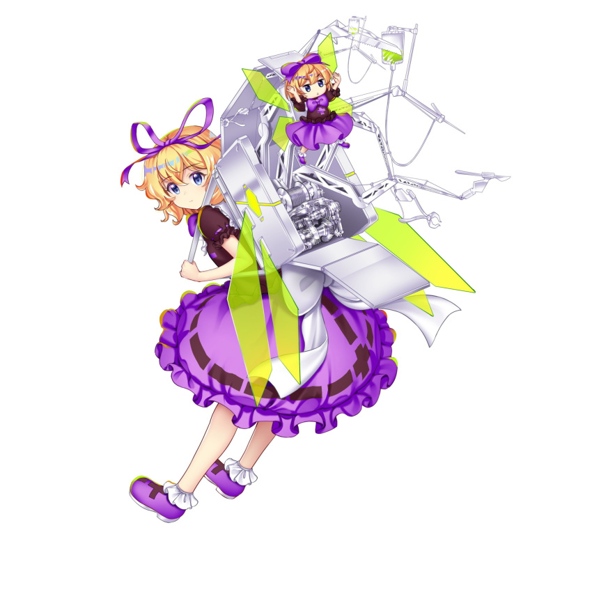 2girls alternate_color backpack bag black_shirt blonde_hair blood blood_bag blue_eyes closed_mouth full_body game_cg hair_ribbon highres iv_stand looking_at_viewer medicine_melancholy medicine_melancholy_(medical_automaton) multiple_girls purple_footwear purple_ribbon purple_skirt ribbon ribbon-trimmed_skirt ribbon_trim rotte_(1109) shirt short_hair short_sleeves simple_background skirt spoon su-san syringe third-party_source touhou touhou_lost_word white_background wings