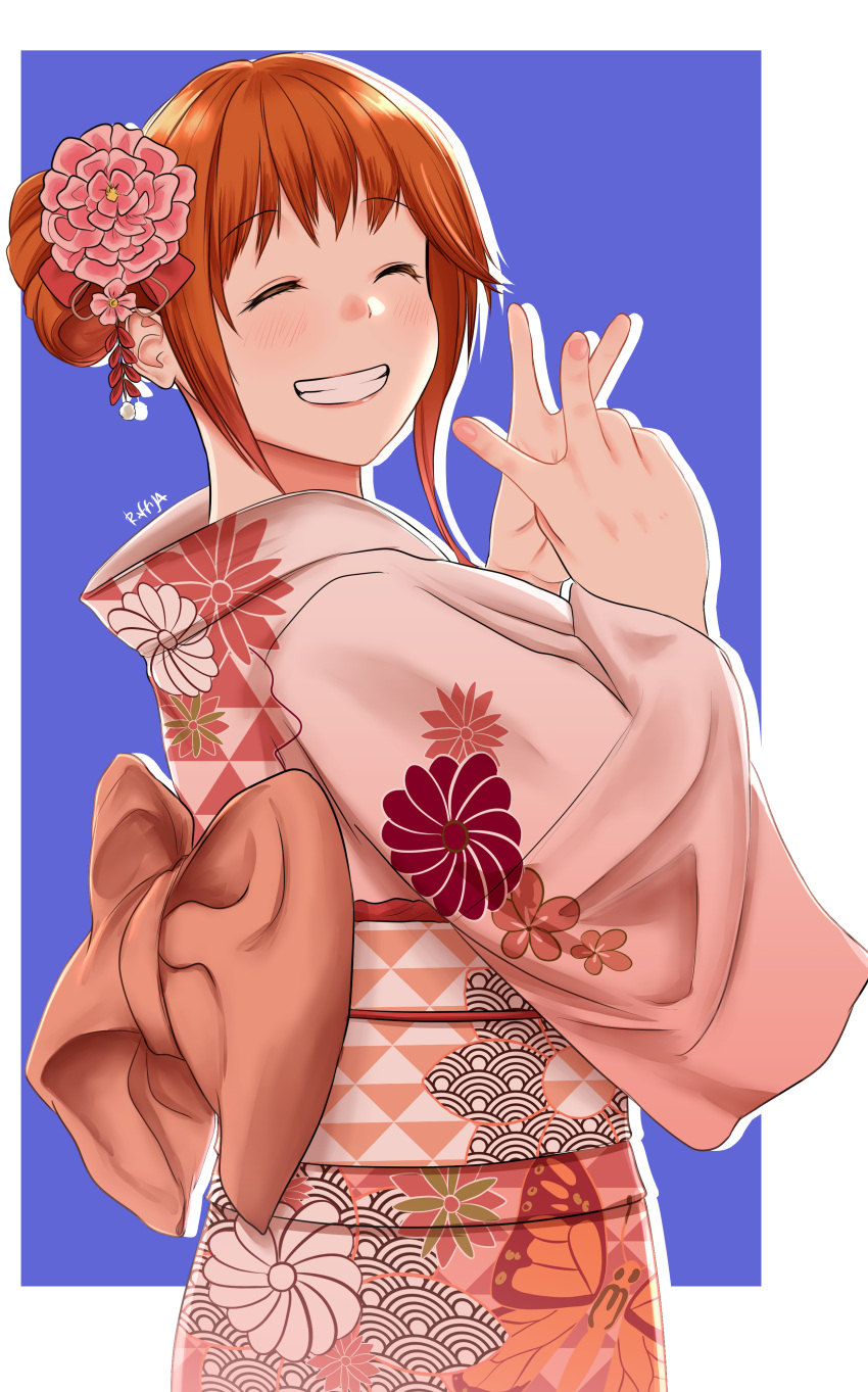 1girl ^_^ absurdres blue_background blush border bow brown_hair closed_eyes double_v english_commentary flower giselle_de_steward hair_bow hair_bun hair_flower hair_ornament highres japanese_clothes kimono looking_at_viewer orange_bow orange_kimono original outside_border parted_lips pink_flower raffijoe5 red_bow single_hair_bun smile solo v white_border