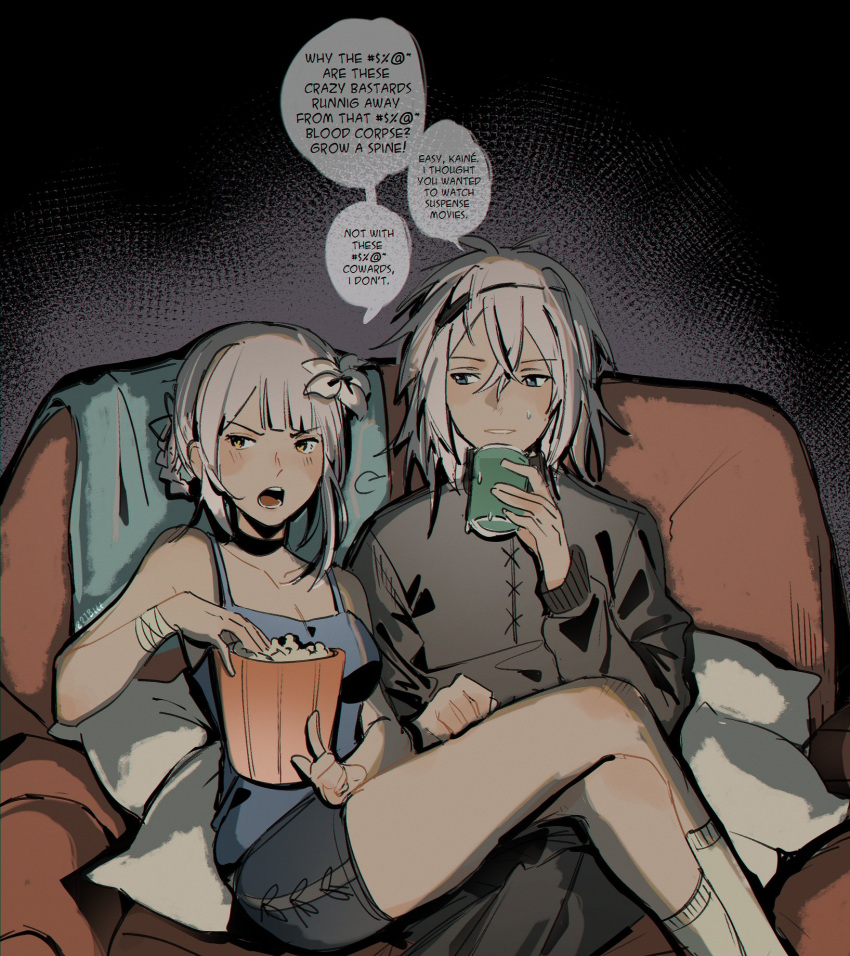 1boy 1girl 221bltt alternate_universe can casual contemporary couch english_text flower food grey_hair hair_flower hair_ornament highres kaine_(nier) looking_at_another nier nier_(series) nier_(young) open_mouth popcorn short_shorts shorts sitting sitting_on_lap sitting_on_person soda_can speech_bubble tank_top