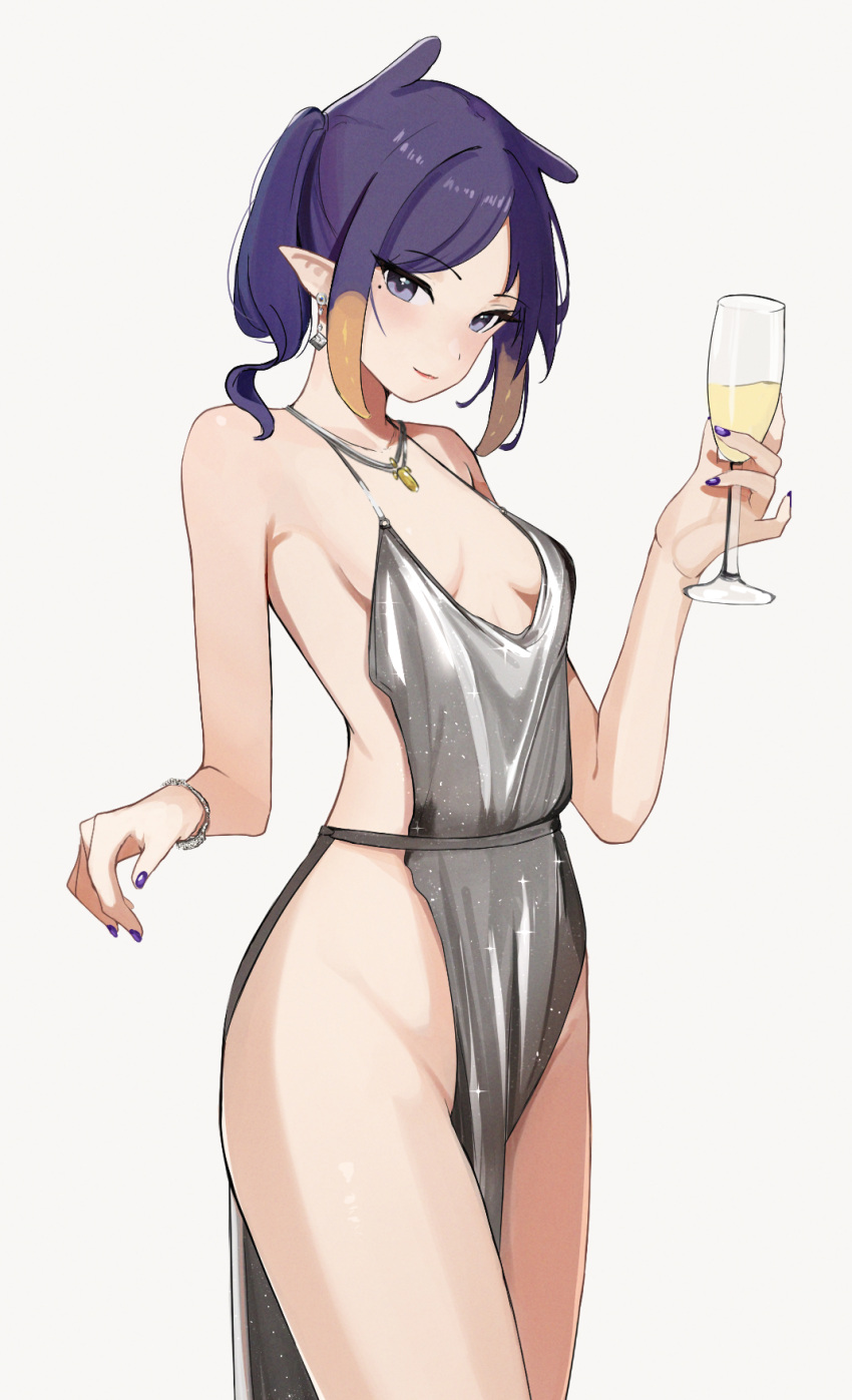 1girl absurdres alternate_costume alternate_hairstyle backless_dress backless_outfit bare_arms bare_shoulders bracelet breasts breasts_apart closed_mouth commentary cosplay cowboy_shot cup dress drinking_glass earrings english_commentary grey_dress groin halter_dress halterneck highres holding holding_cup hololive hololive_english jewelry ku_roiko light_smile looking_at_viewer mole mole_under_eye necklace ninomae_ina'nis pelvic_curtain pointy_ears purple_eyes purple_hair purple_nails revealing_clothes short_hair sideless_outfit sideways_glance simple_background small_breasts solo st._louis_(azur_lane) st._louis_(azur_lane)_(cosplay) st._louis_(luxurious_wheels)_(azur_lane) tentacle_hair thighs tsurime virtual_youtuber white_background wine_glass
