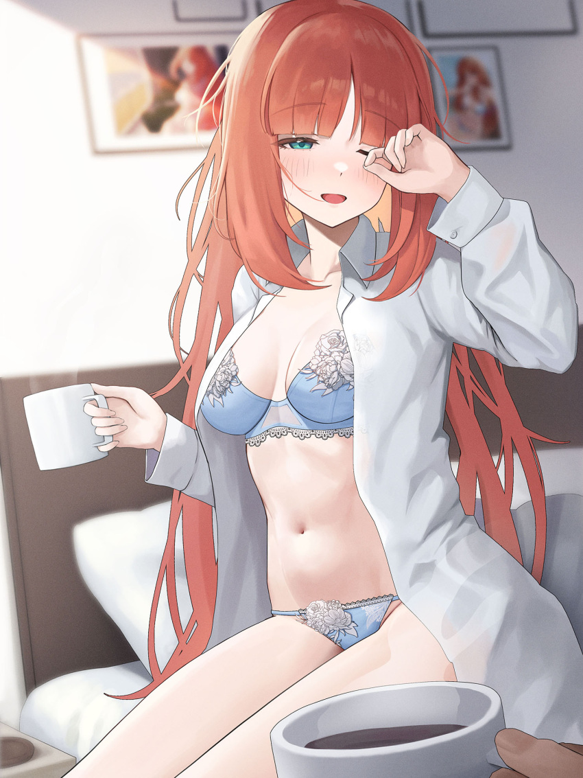 1girl bed blue_bra blue_panties blush bra breasts cleavage coffee coffee_mug collarbone collared_shirt cup dress_shirt genshin_impact green_eyes highres large_breasts long_hair long_sleeves looking_at_viewer mug navel nilou_(genshin_impact) on_bed one_eye_closed open_clothes open_mouth open_shirt panties red_hair shirt sidelocks sitting smile solo_focus sp123 thighs underwear waking_up white_shirt
