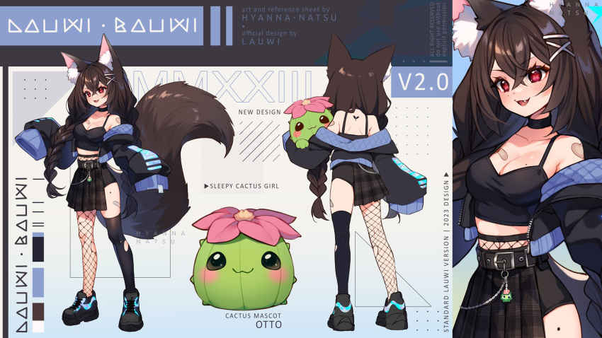 1girl 1other animal_ear_fluff animal_ears artist_name bandaid belt black_camisole black_footwear black_hair black_jacket black_skirt black_thighhighs braid breasts cactus camisole chain character_name choker cleavage dog_ears dog_girl dog_tail fang fishnet_thighhighs fishnets full_body hair_ornament hairclip half-skirt highres hyanna-natsu indie_virtual_youtuber jacket lauwi legs long_hair long_tail mole multiple_views off_shoulder open_mouth plaid plaid_skirt pleated_skirt red_eyes shoes short_shorts shorts shorts_under_skirt single_fishnet_legwear single_thighhigh skirt sleeves_past_wrists smile stuffed_toy tail thighhighs thighs turnaround twin_braids twintails very_long_hair virtual_youtuber