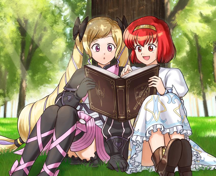 2girls :d absurdres betabetamaru blonde_hair book bow dress elise_(fire_emblem) fire_emblem fire_emblem:_mystery_of_the_emblem fire_emblem:_shadow_dragon_and_the_blade_of_light fire_emblem_fates hair_bow hairband highres holding holding_book maria_(fire_emblem) multiple_girls open_mouth outdoors reading red_hair sitting smile surprised tree twintails white_dress