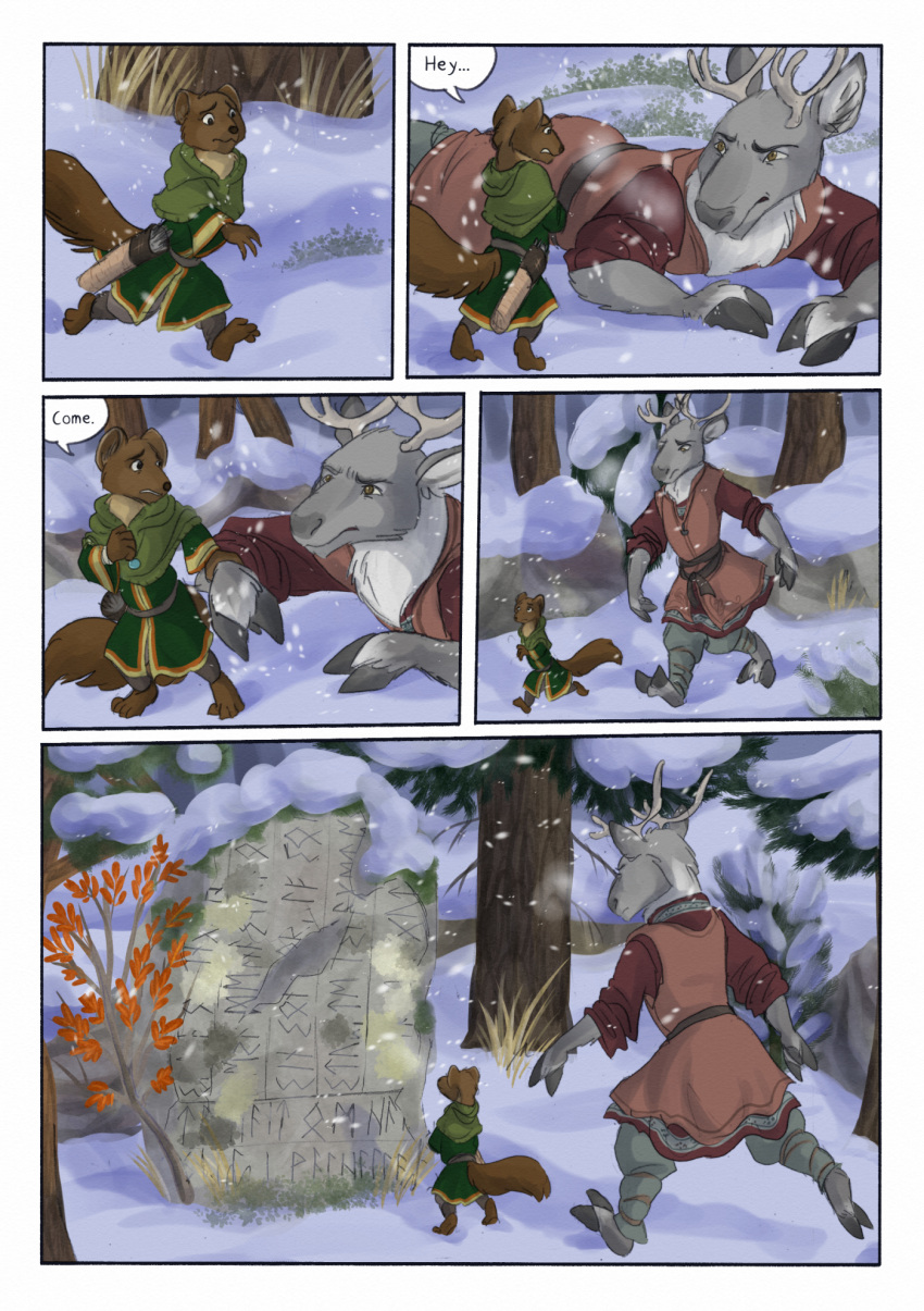 2022 anthro biped bjekkergauken brown_body brown_fur capreoline clothed clothing colored comic day deer dialogue dialogue_box duo fur green_clothing grey_body grey_fur gulonine hi_res male mammal marten melee_weapon moose mustelid musteline outside pine_marten plant polearm shirin_(bjekkergauken) size_difference snow snowing spear speech_bubble tree weapon