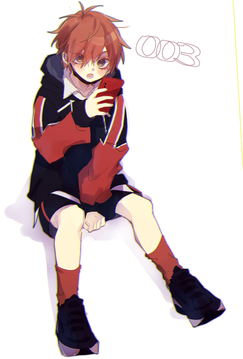 1boy absurdres aged_down black_footwear black_jacket black_shorts brown_eyes cellphone child full_body grey_background highres holding holding_phone hood hood_down jacket kajiyama_fuuta kao_ru05 mask milgram mouth_mask multicolored_clothes multicolored_jacket open_mouth phone red_hair red_jacket red_socks shoes short_hair shorts sneakers socks solo