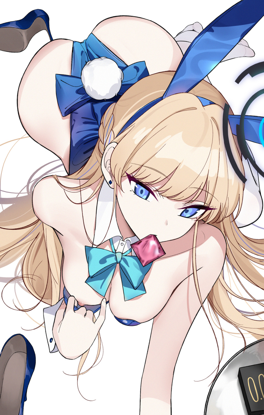 1girl all_fours animal_ears ass blonde_hair blue_archive blue_bow blue_bowtie blue_eyes blue_footwear blue_leotard bow bowtie braid breasts condom condom_in_mouth condom_wrapper detached_collar fake_animal_ears fake_tail halo high_heels highres leotard long_hair looking_at_viewer medium_breasts mouth_hold nakamura_rohane nipple_slip nipples playboy_bunny rabbit_ears rabbit_tail shoes shoes_removed solo straight_hair tail toki_(blue_archive) toki_(bunny)_(blue_archive) white_background wrist_cuffs