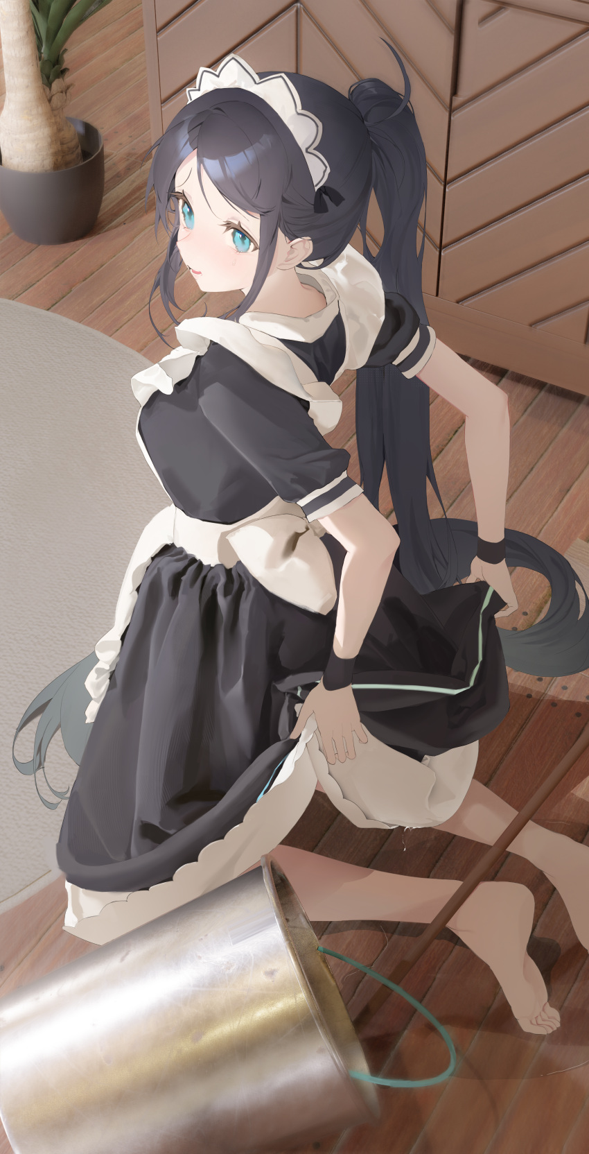 1girl absurdres apron aris_(blue_archive) aris_(maid)_(blue_archive) bare_legs barefoot black_dress black_hair blue_archive blush bucket dingding_(chongsangjun) dress highres indoors kneeling long_hair looking_to_the_side maid maid_apron maid_headdress no_halo official_alternate_costume plant ponytail potted_plant short_sleeves soles solo toes very_long_hair white_apron wooden_floor wristband