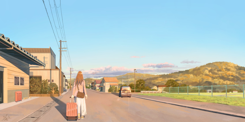 1girl bag blue_sky brown_footwear brown_hair building car cloud commentary_request from_behind grass highres holding holding_luggage house jacket long_hair long_sleeves motor_vehicle mountainous_horizon original outdoors pink_jacket power_lines road rolling_suitcase rural scenery shadow shoes shurock skirt sky sneakers solo street suitcase sunset utility_pole walking white_skirt