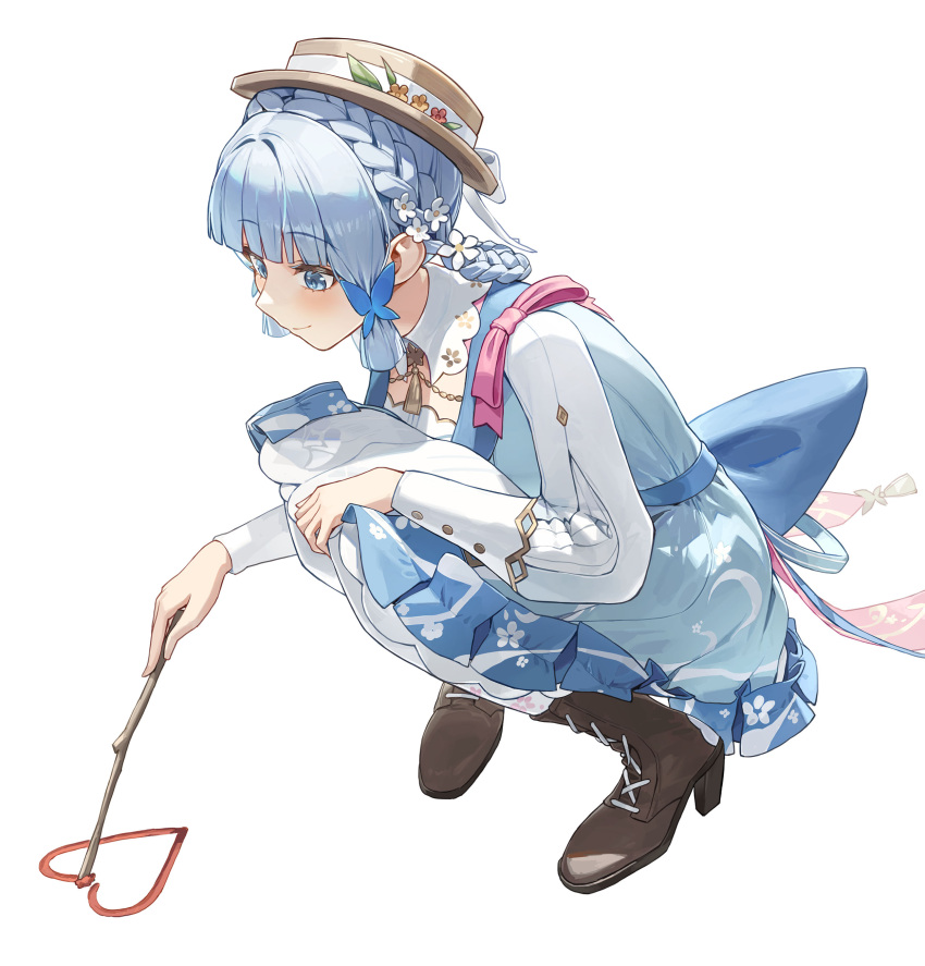 1girl absurdres back_bow blue_dress blue_eyes blue_hair blunt_bangs blush boots bow braid cotta_(heleif) dress flower from_side genshin_impact hair_flower hair_ornament hat heart high_heel_boots high_heels highres holding holding_stick kamisato_ayaka kamisato_ayaka_(springbloom_missive) knees_up looking_down official_alternate_costume simple_background smile solo squatting stick white_background